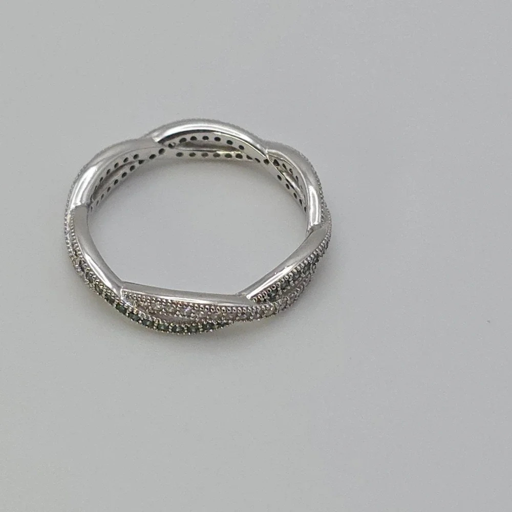 Vtg 925 Sterling‎ Silver Ring Criss-Cross Green Crystal Cubic Zirconia Size 7.25